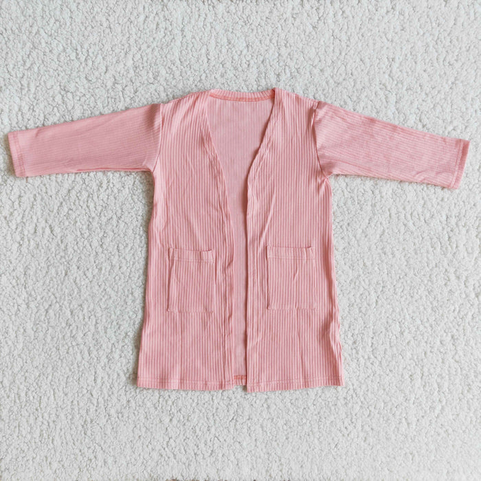 6 A31-3 Pink Ribbed Pockets Baby Girls Long Sleeve Cardigan