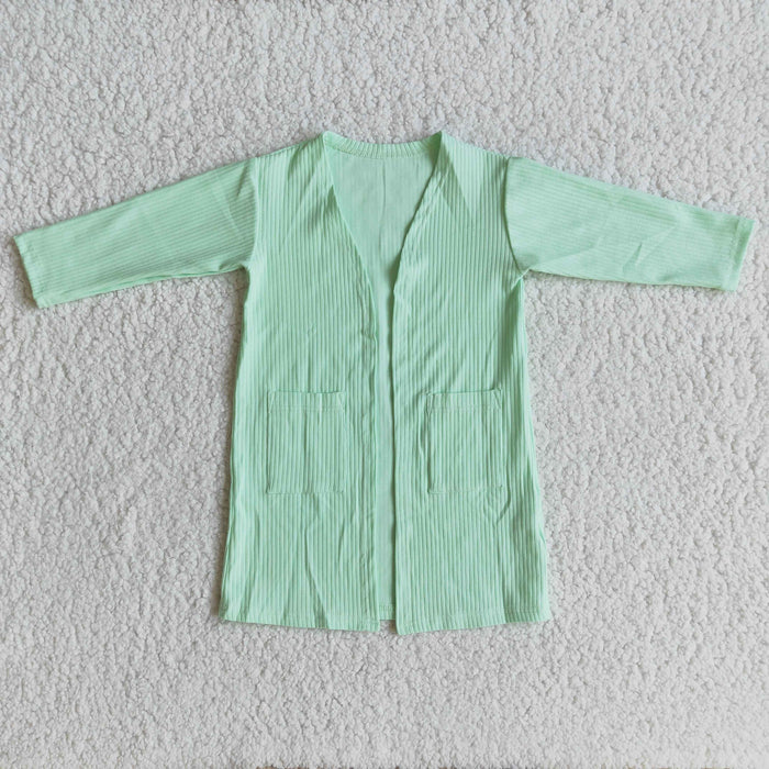 6 A31-4 Green Ribbed Pockets Baby Girls Long Sleeve Cardigan
