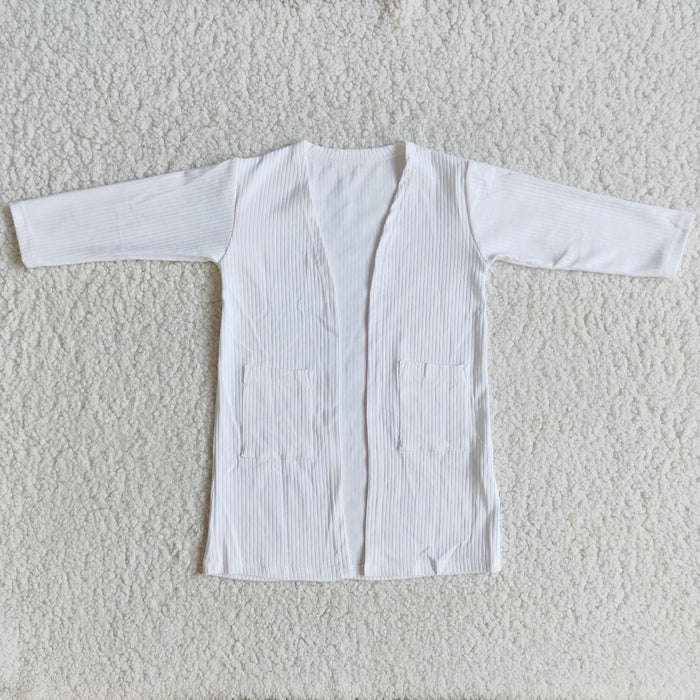 6 A31-5 White Ribbed Pockets Baby Girls Long Sleeve Cardigan