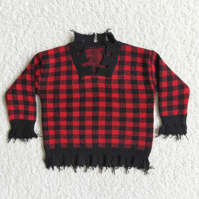 6 A4-14 Red Checkered Baby Girls Tassel Christmas Sweater  Top