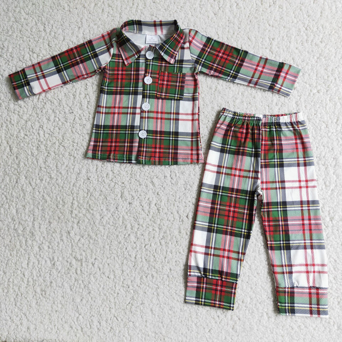 6 A7-15 Red Green Checkered Print Boys Christmas Buttons Pajamas Clothes Set