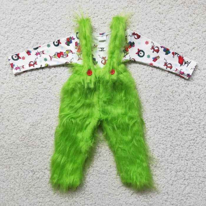 6 B0-4 Green Frog Top Fur Suspender Boys Christmas Clothes Set