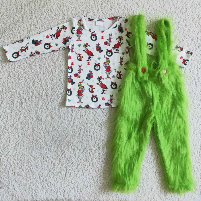 6 B0-4 Green Frog Top Fur Suspender Boys Christmas Clothes Set