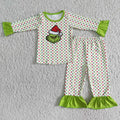 6 B10-25 Green Frog Dots Print Girls Christmas Pajamas Clothes Set
