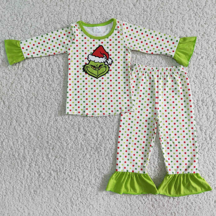 6 B10-25 Green Frog Dots Print Girls Christmas Pajamas Clothes Set