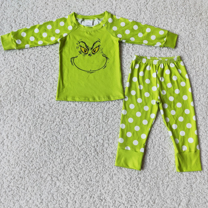 6 B11-20 Green Frog Smiling Dots Print Kids Christmas Pajamas Clothes Set