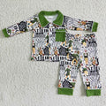 6 B12-27Cartoon Characters Green Print Boys Christmas Buttons Pajamas Clothes Set