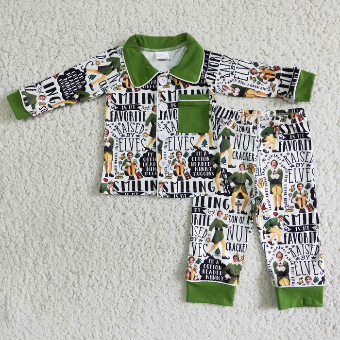 6 B12-27Cartoon Characters Green Print Boys Christmas Buttons Pajamas Clothes Set