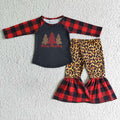 6 B12-38 Tree Black Top Leopard Checkered Bell Pants Girls Christmas Clothes Set