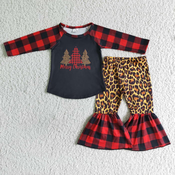 6 B12-38 Tree Black Top Leopard Checkered Bell Pants Girls Christmas Clothes Set