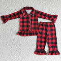 6 B2-39 Red Checkered Print Girls Christmas Buttons Pajamas Clothes Set