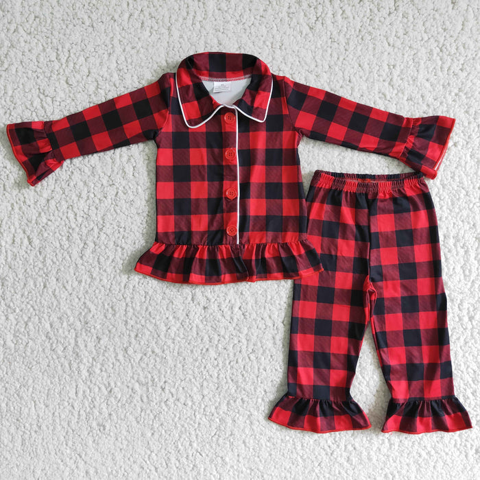 6 B2-39 Red Checkered Print Girls Christmas Buttons Pajamas Clothes Set