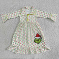 6 B3-23 Green Frog Dots Print Girls Long sleeve Christmas Ankle length Gown Dress