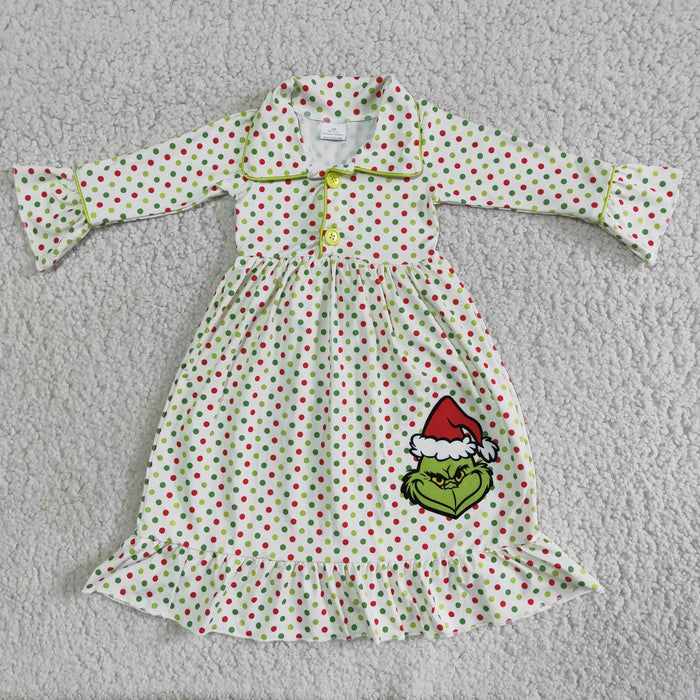 6 B3-23 Green Frog Dots Print Girls Long sleeve Christmas Ankle length Gown Dress