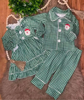 6 B3-39 Santa Pocket Green Checkered Print Boys Christmas Buttons Pajamas Clothes Set