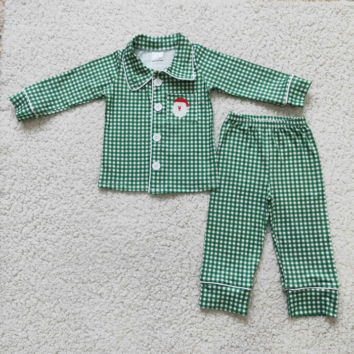 6 B3-39 Santa Pocket Green Checkered Print Boys Christmas Buttons Pajamas Clothes Set