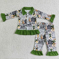 6 B6-5 Cartoon Characters Green Print Girls Christmas Buttons Pajamas Clothes Set