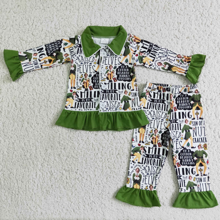 6 B6-5 Cartoon Characters Green Print Girls Christmas Buttons Pajamas Clothes Set