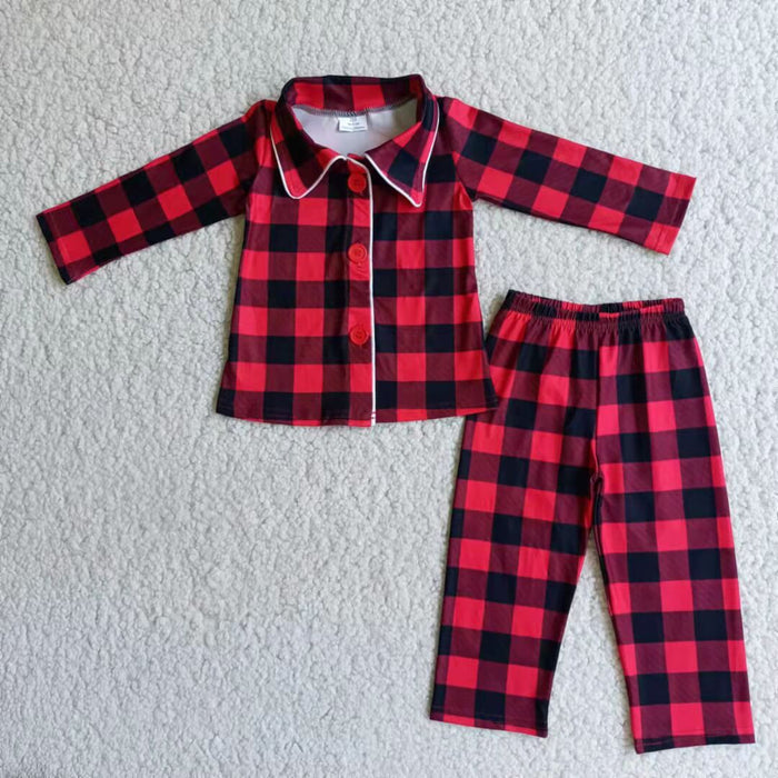 6 B8-24 Red Checkered Print Boys Christmas Buttons Pajamas Clothes Set