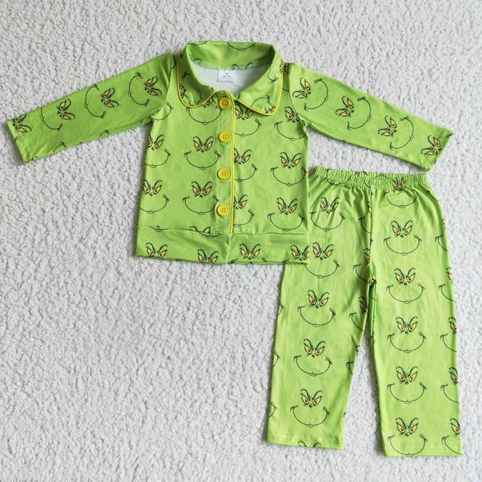 6 B8-38 Green Frog Smiling Print Boys Christmas Buttons Pajamas Clothes Set