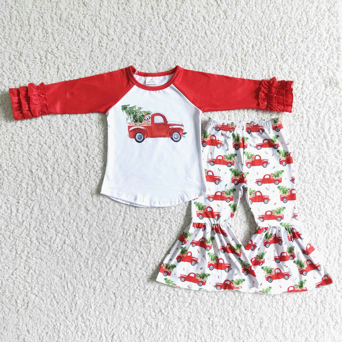 6 B9-19 Trucks Tree Top Bell Pants Girls Christmas Clothes Set