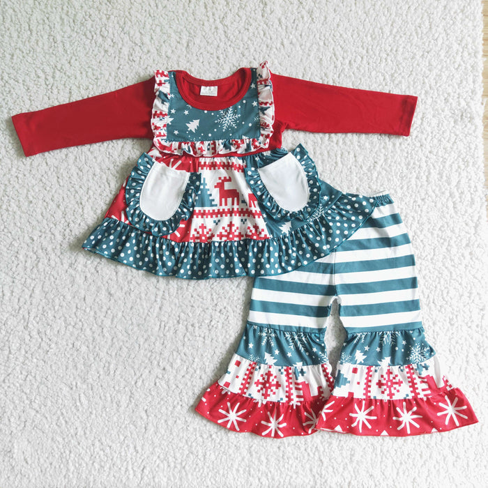 6 B9-36 Ruffle Pockets Tunic Top Bell Pants Girls Christmas Clothes Set