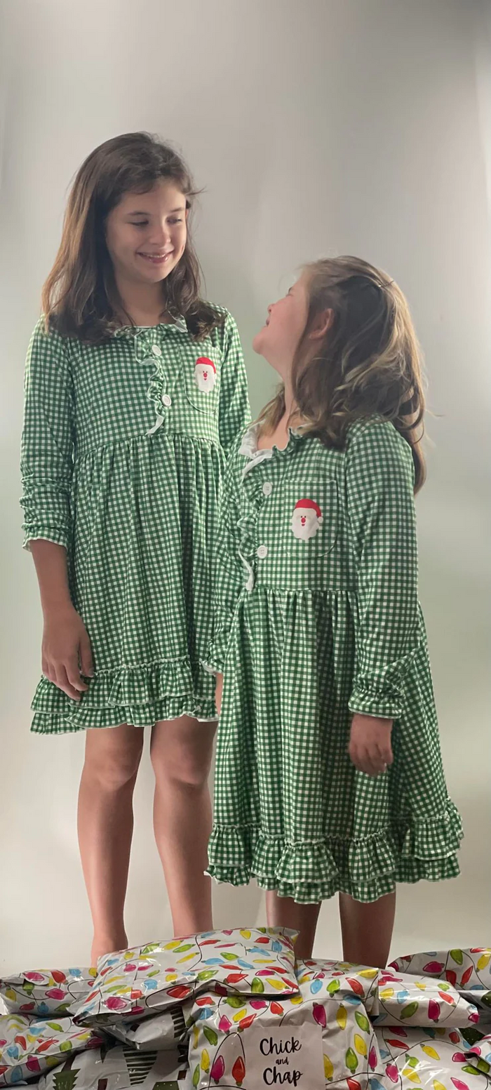 6 C10-7 Santa Pocket Green Checkered Print Girls Christmas Knee Length Gown Dress