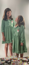 6 C10-7 Santa Pocket Green Checkered Print Girls Christmas Knee Length Gown Dress