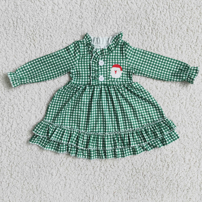 6 C10-7 Santa Pocket Green Checkered Print Girls Christmas Knee Length Gown Dress