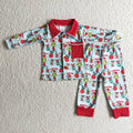 6 C11-17 Green Frog Blue Print Boys Christmas Buttons Pajamas Clothes Set