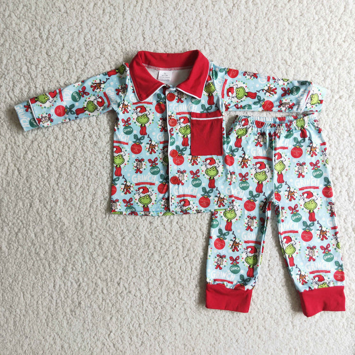 6 C11-17 Green Frog Blue Print Boys Christmas Buttons Pajamas Clothes Set