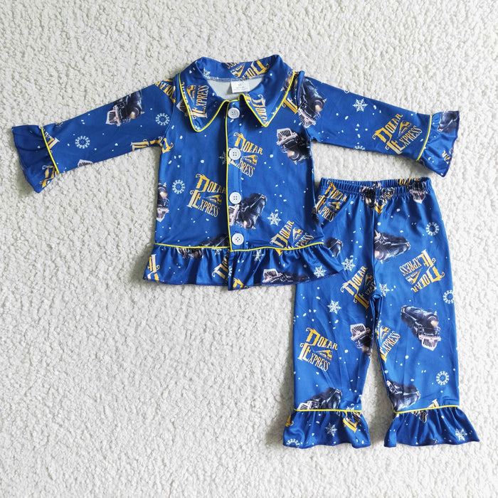 6 C6-37 Film Characters Train Blue Print Girls Buttons Christmas Pajamas Clothes Set
