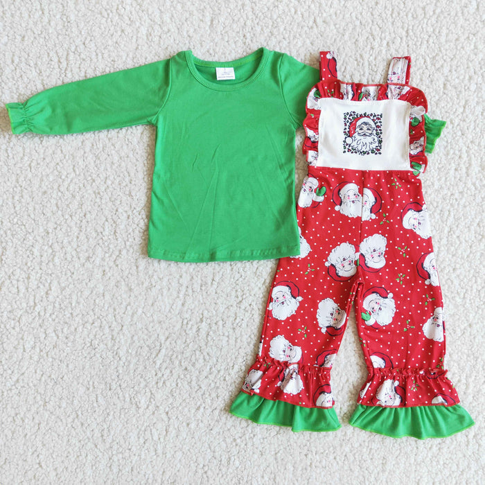 6 C7-4 Green Top Santa Overall Jumpsuits Girls Christmas Clothes Set