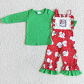 6 C7-4 Green Top Santa Overall Jumpsuits Girls Christmas Clothes Set