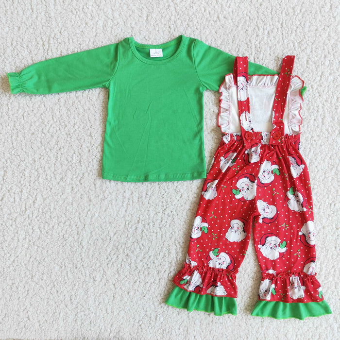 6 C7-4 Green Top Santa Overall Jumpsuits Girls Christmas Clothes Set
