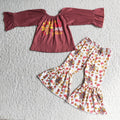 6 C8-19 Turkey Gobble Maple Leaf Top Bell Pants Girls Thanksgiving Clothes Set