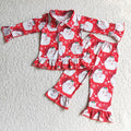 6 C8-40 Santa Red Print Girls Christmas Buttons Pajamas Clothes Set