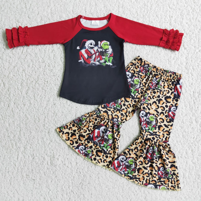 6 C9-22 Green Frog Top Leopard Bell Pants Girls Christmas Clothes Set