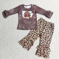 6 C9-40 Turkey Brown Top Leopard Ruffle Pants Girls Thanksgiving Clothes Set