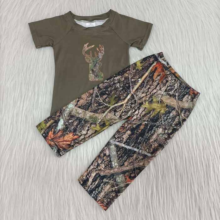 A1-11 Deer Green Top Branch Camo Pants Boys Clothes Set