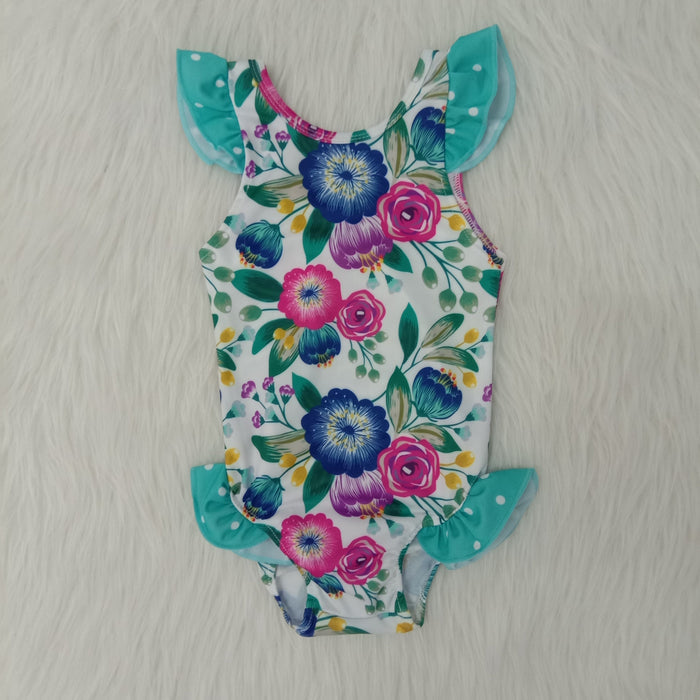 A13-13 Girls flutter sleeve flower print swimsuit