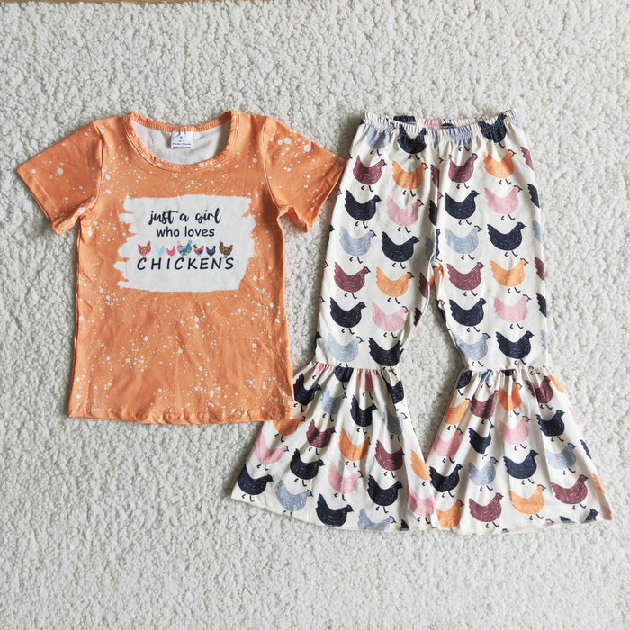 A2-9 Chickens Top Bell Pants Girls Clothes Set