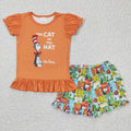 A6-16 Dr.Reading Orange Top Ruffle Shorts Girls Summer Clothes Set