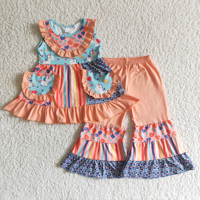 A7-23 Unicorn Sleeveless Pockets Tunic Top Girls Capris Outfits