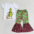 A8-5 Green Frog White Top Bell Pants Girls Christmas Clothes Set