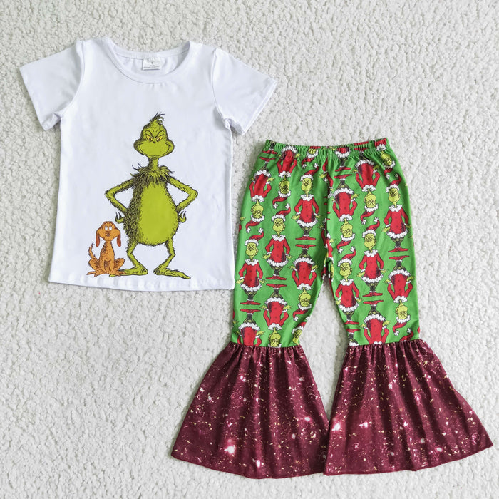 A8-5 Green Frog White Top Bell Pants Girls Christmas Clothes Set