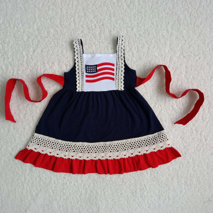 A9-3 Flag Embroidery Navy Cotton Girls 4th of July Strap Ruffles Knee Length Dress