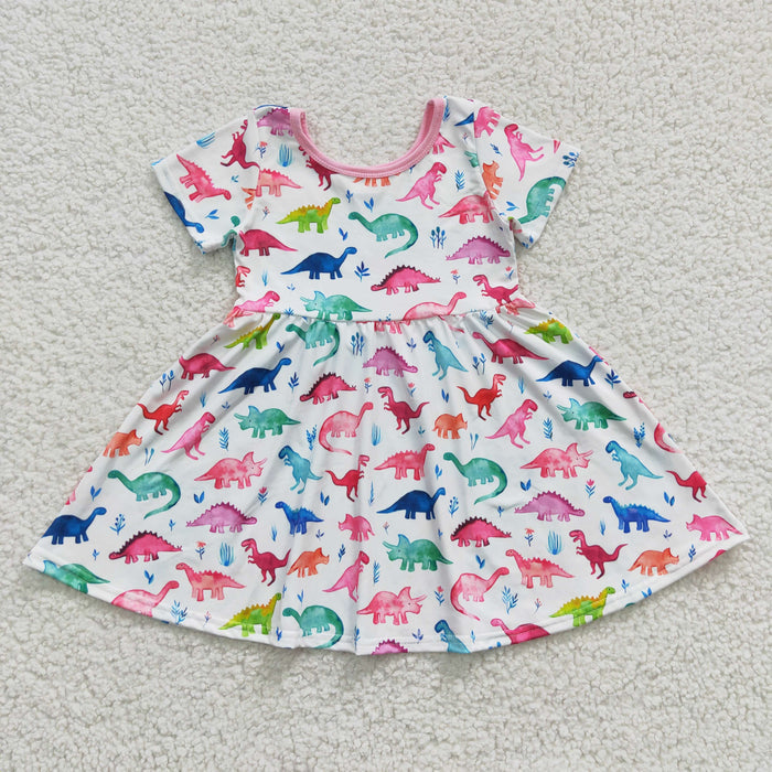 Aa-10 Colorful dino knee length girls summer dress