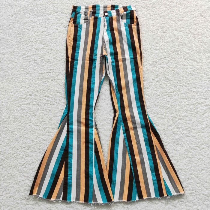 Adult blue stripes denim bell bottom jeans    P0009