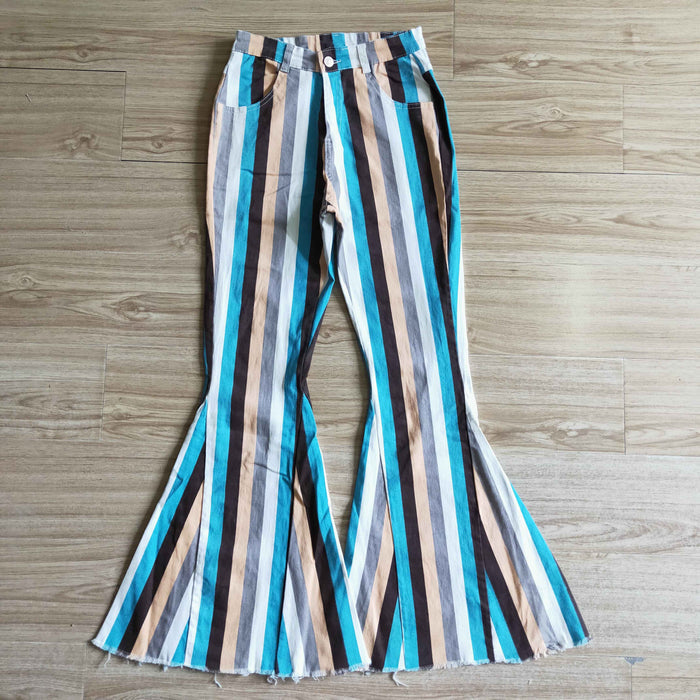 Adult blue stripes denim bell bottom jeans    P0009